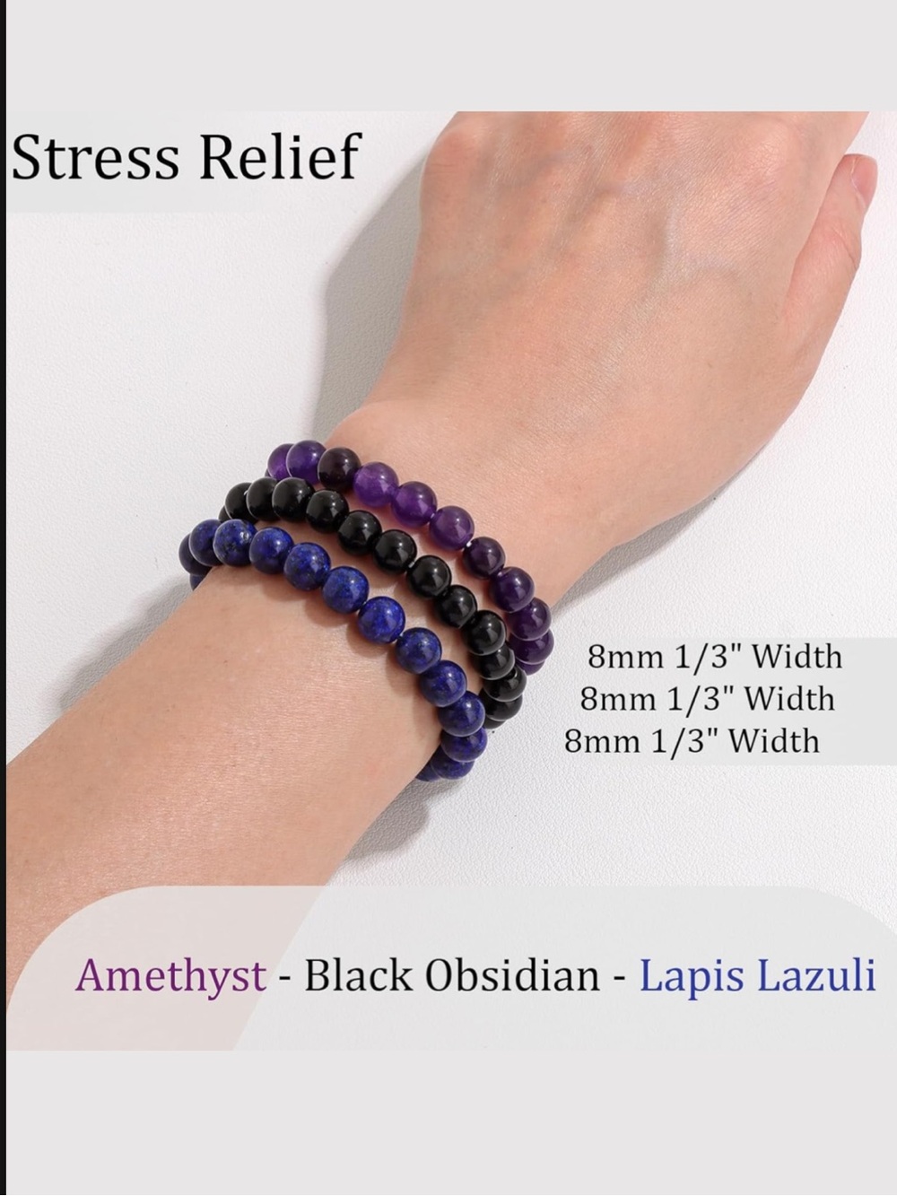 🆕New Stress Relief Gemstone Bracelet Set-Amethyst, Obsidian & Lapis Lazuli - Picture 7 of 9